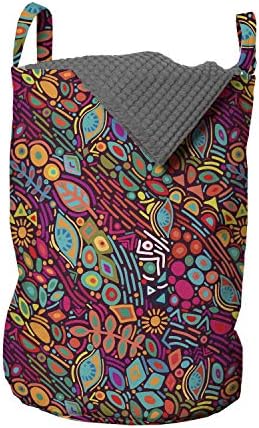Bolsa de lavanderia colorida de Ambesonne, design oriental de itens botânicos olhos e formas geométricas, cesto de cesto com