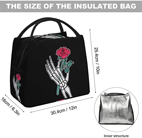 Rose Flower in Skeleton Hand Isoled Bag Box Reutilizable Tote Box com papel alumínio para trabalho /piquenique /escola