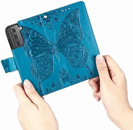 Crea de carteira Cmeka Galaxy S21+ Plus, caixa de couro magnético para mulheres, slots de cartão de borboleta 3D fólio [Kickstand], capa de flip de proteção à TPU macia para Samsung Galaxy S21+ 5g Caixa de telefone de 6,7 polegadas azul