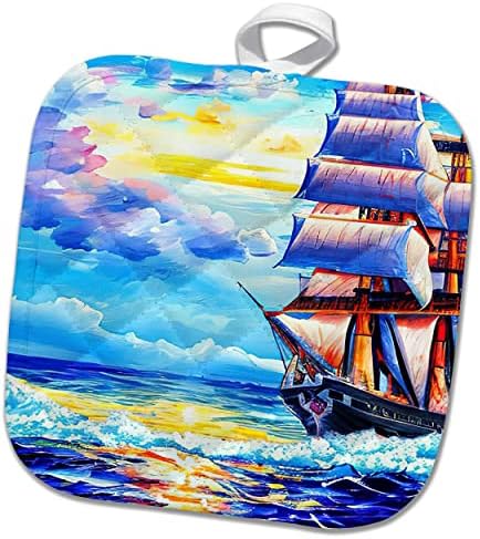 3drose alt ship arte digital. Navio de fantasia, o mar furioso ao pôr do sol. - Potholders