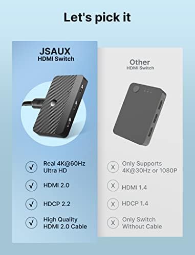 Interruptor HDMI 4K@60Hz 【com cabo HDMI de 3,3 pés】, JSAUX HDMI Switcher 3 em 1 out, 3 port hdmi seletor de cubo, suporta 4K,