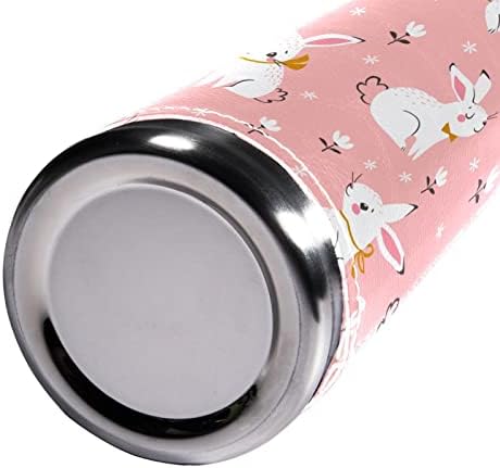 sdfsdfsd 17 oz a vácuo a vácuo aço inoxidável garrafa de água esportes de café gesto de caneca de caneca de couro genuíno embrulhado bpa grátis, desenho animado flores de coelho brancos rosa