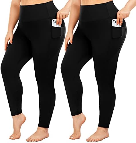 Leggings de tamanho grande de Yeug Women com bolso-2 pacote de alta cintura Controle de controle de ioga Spandex treino correndo perneiras