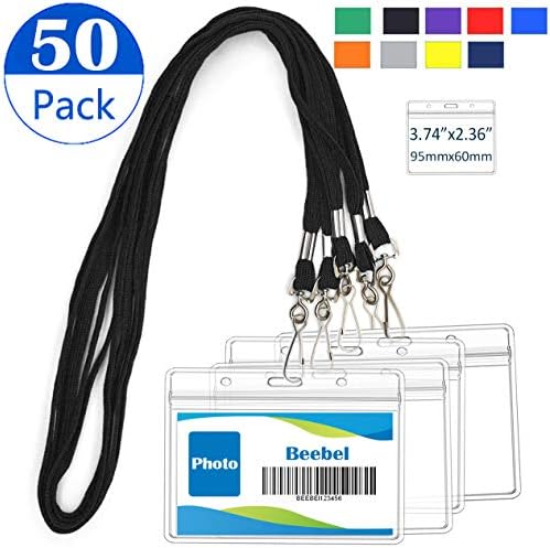 Ameiteiro de beebel com suporte de carteira de identificação à prova d'água 50pcs nomes horizontais de plástico transparente tags titulares de cartão de identificação de crachá e colhedores de 50pcs com giro J Hook