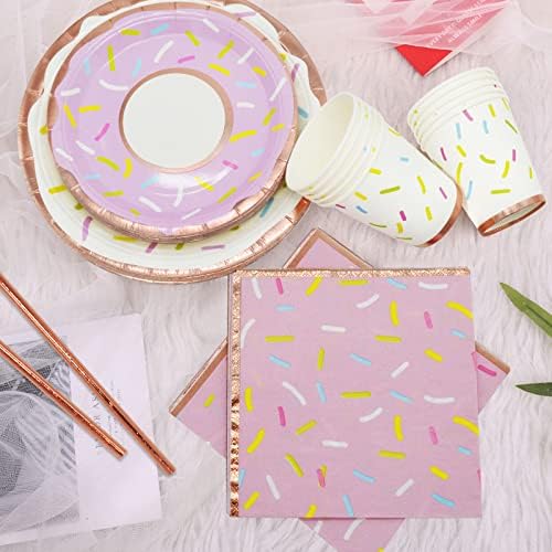 GudVilla 120pcs Supplência de festa rosa Placas de rosca rosa Conjunto de tableware decoração serve 24 pratos e copos e guardanapos de festas para donut para chá