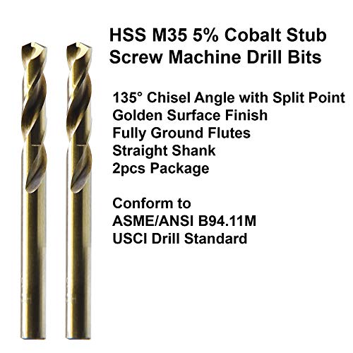 Maxtool 3/16 2pcs para parafuso idêntico exercícios de máquina HSS M35 bits de broca de torção de cobalto de cobalto Terrinhas de haste dourada de ouro totalmente moídas;