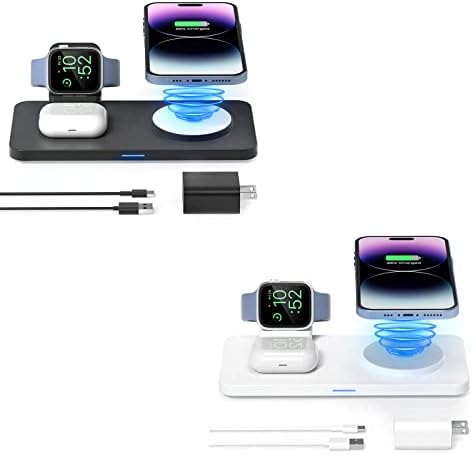 Almofada de carregamento sem fio, Geekera 3 em 1 carregador sem fio magnético, estação de carregamento Magsafe para iPhone, Apple Watch, AirPods, T260105+T260511