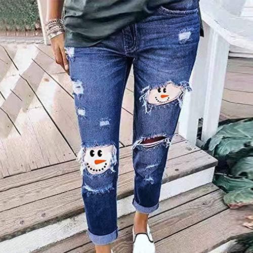 Calça jeans feminino calça longa boneca de neve hap impressão jeans rasgados calças de tamanho calças calças de jeans fit