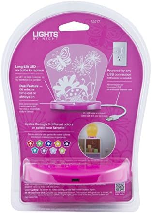 Luzes por noite, luminária de lâmpada superior da lâmpada, flores e borboletas, alimentação de USB, 9 opções 3D multicoloridas, sempre On/60 minutos de tempo limite, colorido, base acrílica rosa, 32917