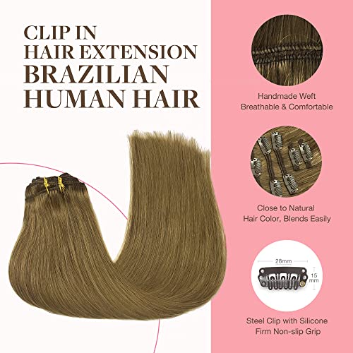 GOO GOO 120G 7PCS Clipe em extensões de cabelo humano Remy Hair Extensions Clip em extensões de cabelo lisadas para mulheres, #/4 chocolate marrom a caramelo loira & #6b marrom médio, 20 e 18 polegadas