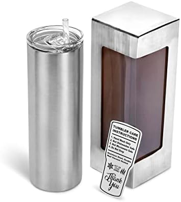 Makerflo de 20 onças de copo magro, copo de viagem isolada de aço inoxidável com tampa e palha à prova de respingos, 1 pc, prata