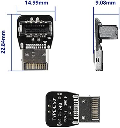 Adaptador Cerrxiano de 90 graus USB tipo E, ângulo baixo USB 3.2 Tipo E masculino para painel frontal Adaptador interno do conector interno de alta velocidade 10 Gbps para USB C Cabeçalho -mãe placa -mãe