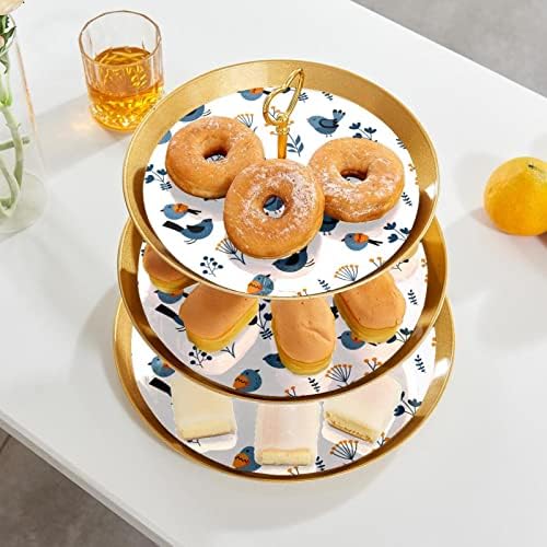 3 Placa de fruta de cupcakes de 3 camadas de sobremesa Plástico para servir suporte de exibição para casamento Decorações de chá de chá de chá de bebê de bebê redondo, pássaro de primavera