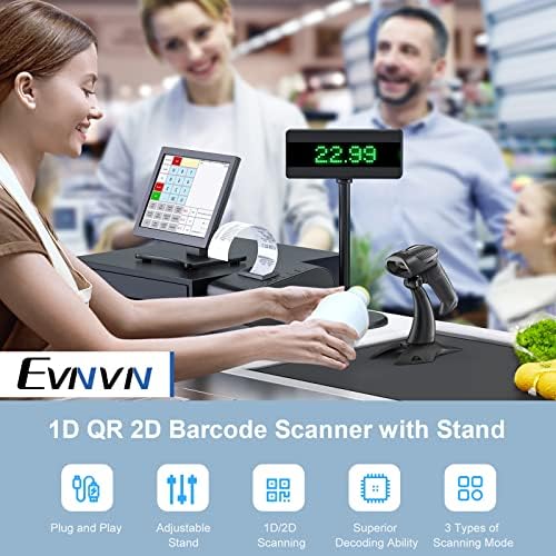Scanner de código de barras 2D EVNVN com Stand, QR Leitor de código de barras USB 1D com fio QR com varredura automática ajustável