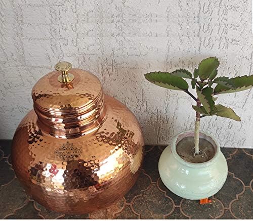 Indian Art Villa Pure Copper Hammered Design Matka com tampa, drinques e fins de armazenamento, volume- 243 oz