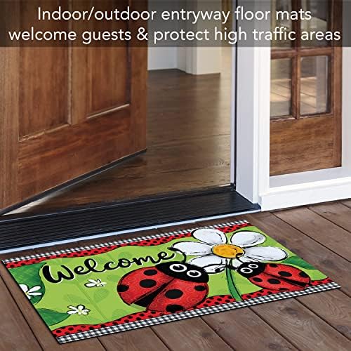 Counterart Ladybug Welcome Welcome Indoor/Outdoor Piso tapete de piso fabricado no backing de borracha de baixo perfil de baixo