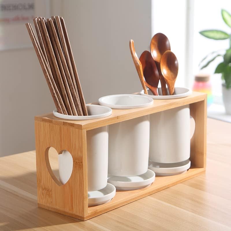 Suporte de utensílio de cozinha, barra de utensílio de três barris, suporte de utensílio de cozinha de cerâmica branca