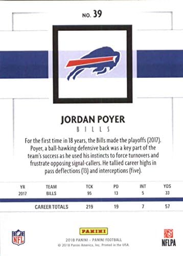 2018 Panini NFL Football 39 Jordan Poyer Buffalo Bills Cartão de negociação oficial