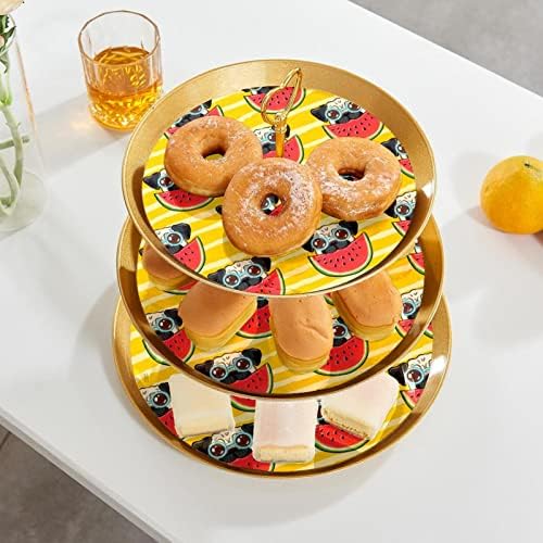 3 Placa de fruta de cupcake de 3 camadas de sobremesa Plástico para servir suporte de exibição para casamento de aniversário Decorações de chá de chá de bebê redondo, copos de cachorro pug cão