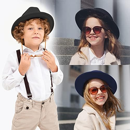 Crianças clássicas de largura chapéu fedora crianças meninos e meninas sentiram chapéu com fivela de bowknot/cinto