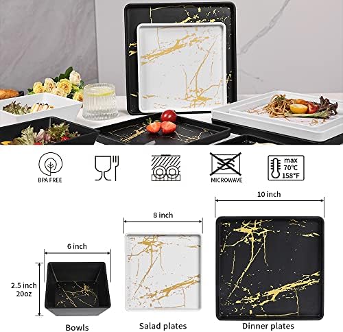 Melamine Dinnerware Set para pratos de 4-12pcs definidos para uso diário, placas quadradas e tigelas, inquebrável, lava-louças