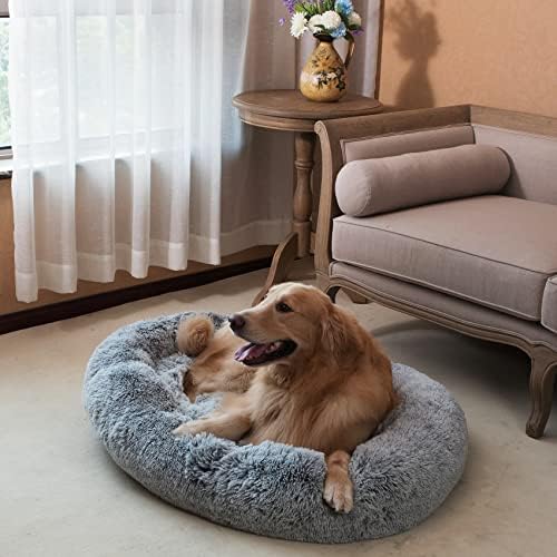 Coohom Oval Calming Donut Cuddler Cama de cachorro, SHAG FAUX FUL CAT CACO LAVANDO COMPRIMENTO REALHO CAPA PARA COMOS MENTOS, CHINHA)