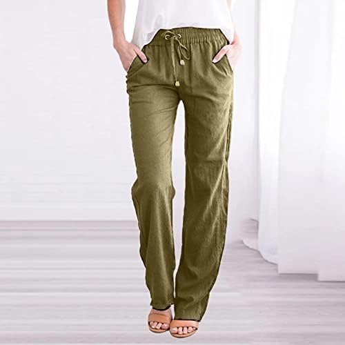 Calças de linho de algodão casual de verão para mulheres calças de perna larga com bolsos soltos Fit Pure Color Ponts de