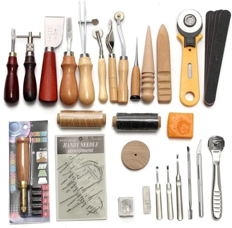 Kit de ferramentas de couro de couro profissional costura manual costura de punção de gravação de trabalho de sela de couro acessórios de 37 peças -Conjunto -