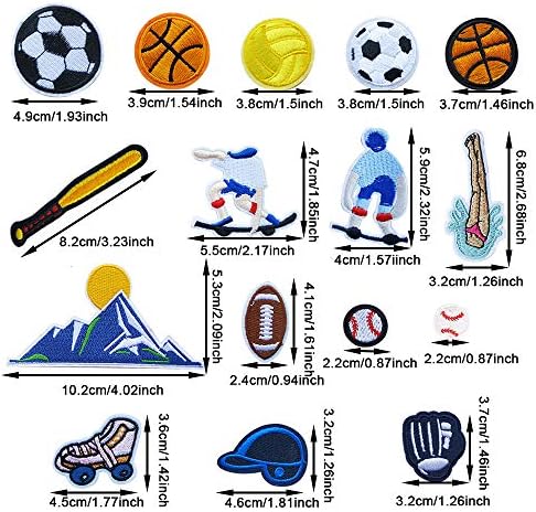 16pcs ostenta o futebol temático de futebol de beisebol skate skate skate skate Apliques bordados ferro em remendos para decoração