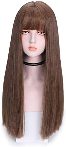 Yby peruca direta longa com franja/três cores disponíveis/realista natural/elástico ajustável elástico rede/adequada para diariamente,