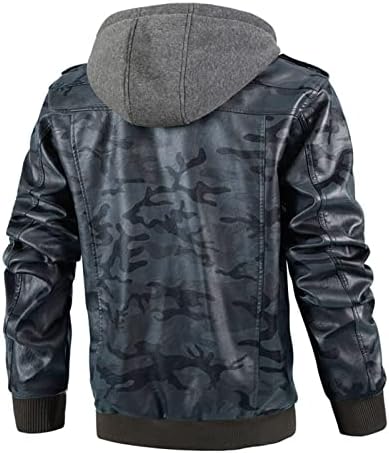Jaqueta de motocicleta para homens Pu Faux Leather Motorcycle Jacket com capuz removível camuflado casual casaco de