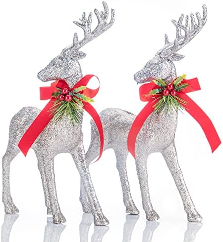 IPEGTOP 2 PCs Glitter Holiday Reindeer Decor, estatueta de veado de 12,6 x 9 em pé de veado com arco de arco de
