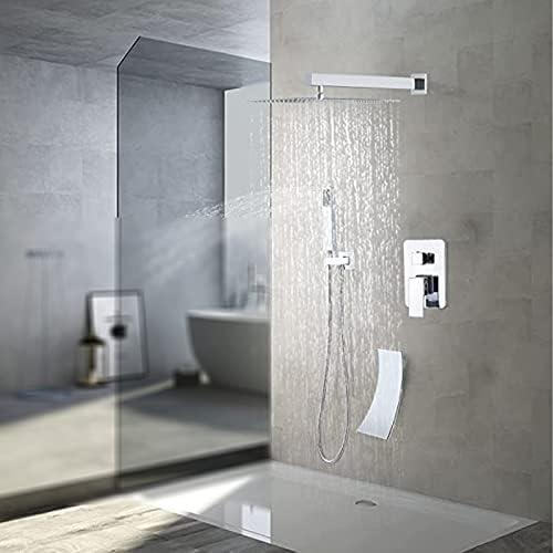 Sistema de chuveiro com bico de banheira em cascata e chuveiro de mão de mão, parede de torneira de chuveiro de chuva cromada montada na parede para casa de banheiro em casa Hotel ao ar livre, 10 polegadas