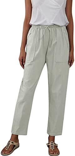 Calças de linho de algodão para mulheres calças casuais de verão com bolsos Baggy Sall Solid Elastic High Cintura Calça de praia confortável