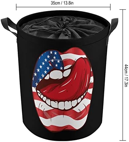 American Flag Lips Lips Round Laundry Bag Turma de armazenamento à prova d'água com tampa e alça de cordão