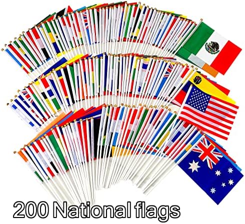 Weitbf 200 países bandeiras internacionais do mundo Mini bandeiras manualmente segutas à mão no bastão, 8,2 x 5,5 polegadas