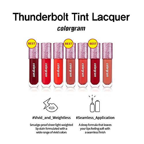 ColorGram Thunderbolt Tint Lacquer - 08 Tok. com óleo de argan, alto pigmento, cor vívida, mancha de lábios hidratantes