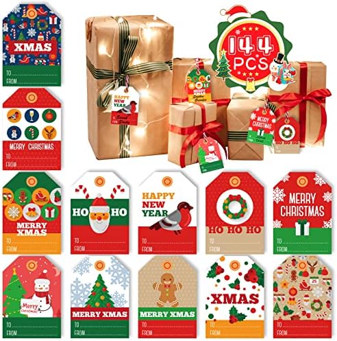 150 Pacote de papel de papel de Natal Tags de presente, tags de papel de natal pré-perfuradas para férias de natal de natal DIY Presente carimbo de embrulho e pacote de etiqueta Cartão