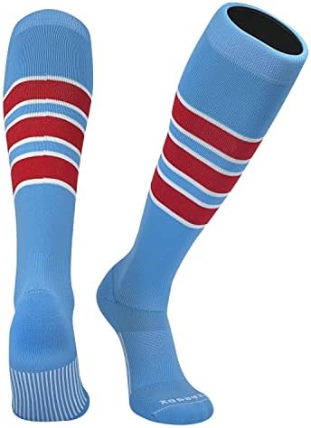 Pear Sox listrado OTC de beisebol, softbol, ​​meias de futebol - azul -céu, branco, vermelho escarlate