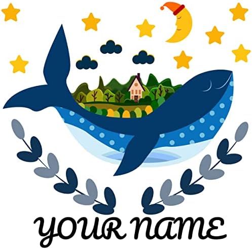 Nome da baleia personalizada Decalque de parede para meninos Sala - Baleia colorida em coroa de flores cercada por fofo pátio e lua, estrelas, nuvens em nome de nome para decoração de berçário