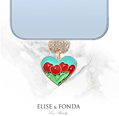 Elise & Fonda CP500 Porta de carregamento USB Crystal Anti -Dust Roses Love Heart Phone Charm para iPhone 13/11/11/XS max/xr/x/8 Plus/7/6s/8/se iPad iPod