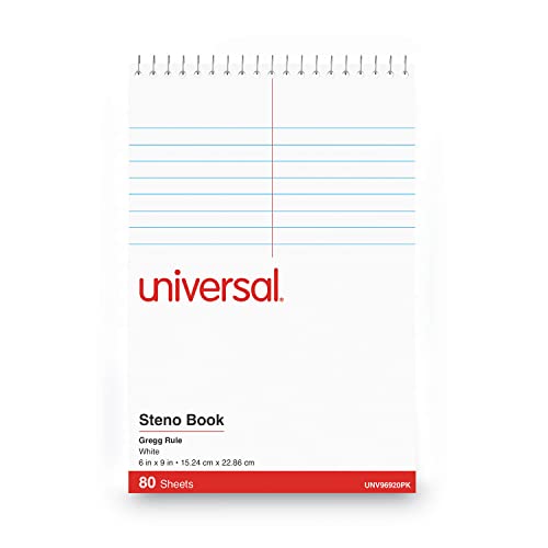 Universal 96920pk Steno Books, Regra de Gregg, 6 x 9, folhas brancas, 80/bloco, capa vermelha, 6 almofadas/pacote