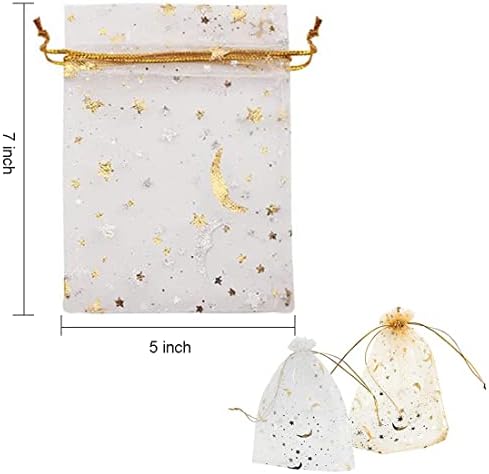 JTUXCKE 100pcs Bolsas de organza brancas e douradas, 5x7 Estrela de estampagem a quente e Lua Pattern Wedding Gift Bag Organza Gifts