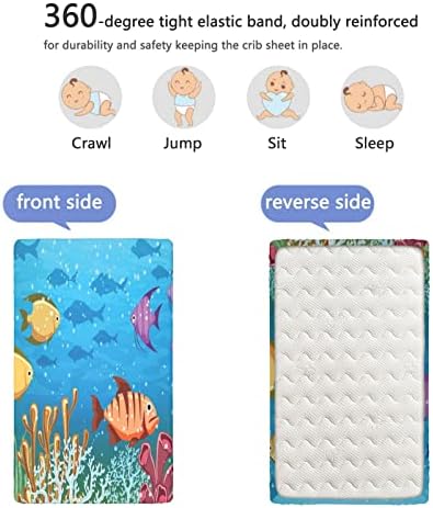 Mini-berço com temas de Aqua e Coral folhas de berço, lençóis portáteis de mini berços de colchão de colchão de berço para meninas ou menino, 24 x38, azul-céu e multicolor