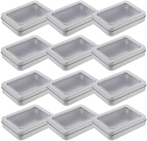 Sewacc 12pcs metal lata retangular em contêineres de armazenamento em casa vazios Mini caixa com tampa de janela transparente
