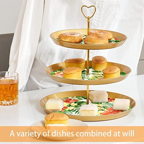 Dragonbtu 3 Cupcake Stand com Rod Gold Rod Plastic Triered Tower Tower Plumeria e Hibiscus Flowers Fruit Candy Display