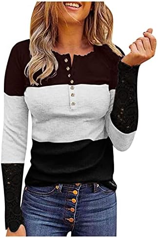 KCJGIKPOK Feminino com nervuras Henley Camisas de mangas compridas túnica Tops Tops V Botão de pescoço para baixo camisetas casuais blusas de ajuste slim