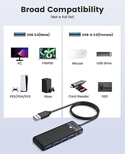 Hub USB 3.0, OROPO 4-Port Hub com cabo de 6 pés de comprimento, divisor USB Ultra Slim para Laptop MacBook Pro, IMAC, Surface Pro, XPS, PS5 ， PC, Flash Drive, Mobile HDD