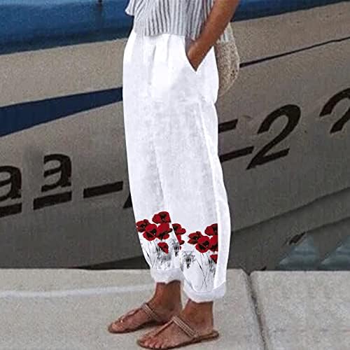 Calça caprieira de verão para mulheres calças estampas florais com bolsos de calça longa e larga algodão casual reto