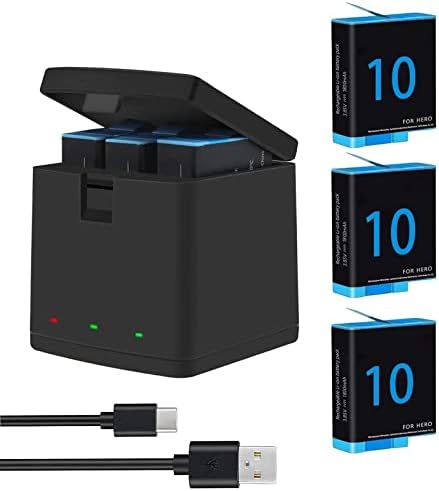 HERO 10/9 Baterias de substituição 3 e 3 canais carregador USB compatível com a GoPro Hero 10/9 Black AHDBT-10-1